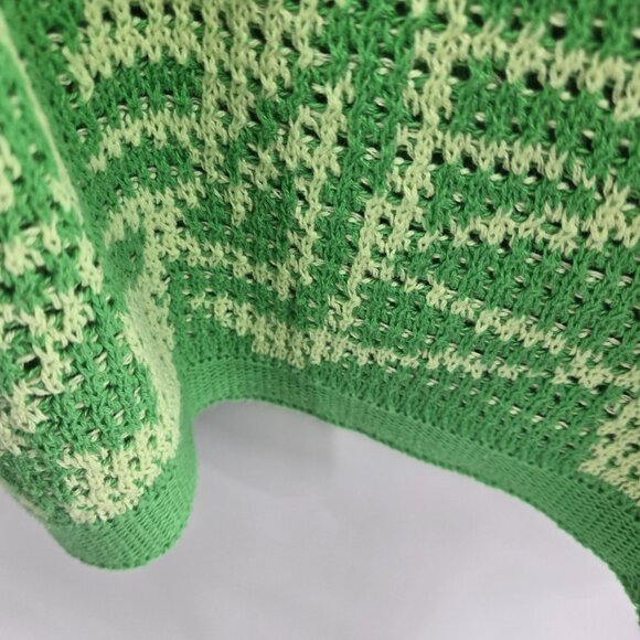 Massive Luxury Green Open Knit Crochet Polo Button Front Short Sleeved Top - Picture 8 of 14